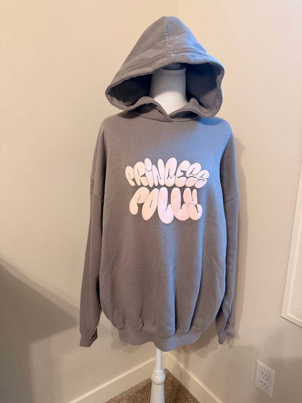 Princess Polly Off Duty Oversized Hoodie Charcoal Pink Puff Print Size 2 Small
